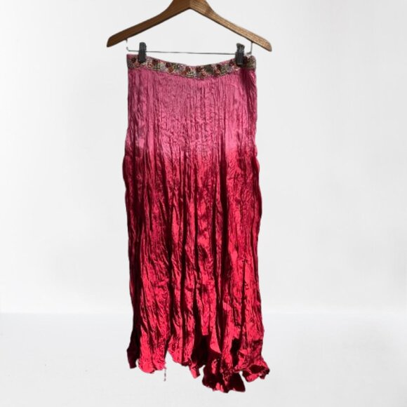Chaudry Ombre Crinkle Maxi Skirt Pink Beaded‎ Asymmetrical Hem New Medium - Picture 1 of 5